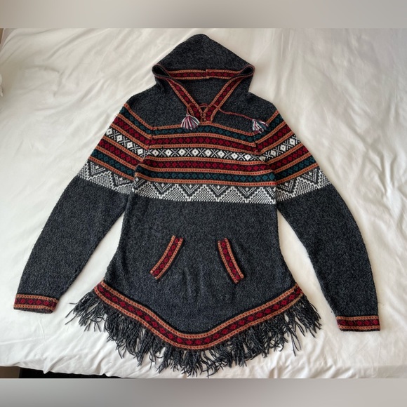 Artesania Eden Hoodie Fringe Aztec Sweater Size Large grey Alpaca Hippie Peru - Picture 1 of 11